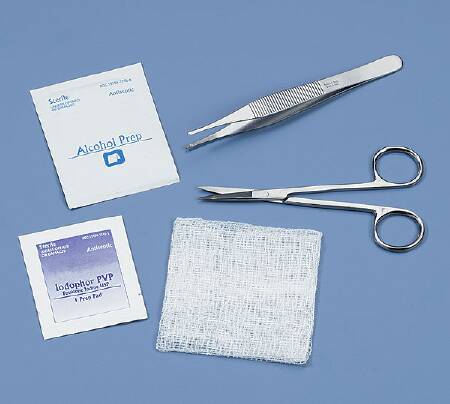 Tray Suture Removal Contains: 1 Iris Scissors SS , Straight, 4½"; 1 Adson Serrated Forceps SS, 4¾"; 1 Large Alcohol Prep Pad; 1 Iodophor PVP Prep Pad; 1 3" x 3" 12-ply Gauze Dressing (1/EA 50/CS) by Busse Hospital Disposables, Inc.  ID 723